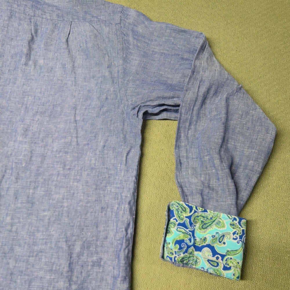 Visconti Uomo Mens Blue Linen Blend Button Down Shirt Paisley Cuff - Picture 14 of 16